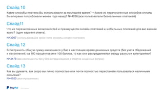 Слайд 10
©2016 PayPal Inc.
Какие способы платежа Вы использовали за последнее время? + Какие из перечисленных способов оплаты
Вы впервые попробовали менее года назад? N=4036 (все пользователи безналичных платежей)
Слайд11
Что из перечисленных возможностей и преимуществ онлайн-платежей и мобильных платежей для вас важнее
всего? (один вариант ответа).
N=3907 (использовавшие какие-либо способы онлайн-платежей)
Слайд 12
Если принять общую сумму имеющихся у Вас в настоящее время денежных средств (без учета сбережений
и накоплений) за 100 процентов или 100 баллов, то как они распределяются между разными категориями?
N=3478 (все респонденты без учета затруднившихся с ответом на данный вопрос)
Слайд 13
Как вы думаете, как скоро вы лично полностью или почти полностью перестанете пользоваться наличными
деньгами?
N=4100 (все опрошенные)
 