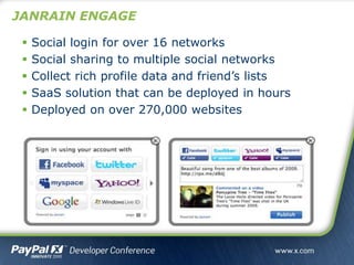 JANRAIN ENGAGE
 Social login for over 16 networks
 Social sharing to multiple social networks
 Collect rich profile data and friend’s lists
 SaaS solution that can be deployed in hours
 Deployed on over 270,000 websites
 