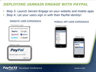 DEPLOYING JANRAIN ENGAGE WITH PAYPAL
 Step 3: Launch Janrain Engage on your website and mobile apps
 Step 4: Let your users sign in with their PayPal identity!
First time Login
Return visit
WEBSITE USER EXPERIENCE MOBILE APP USER EXPERIENCE
First time Login
Return visit
 