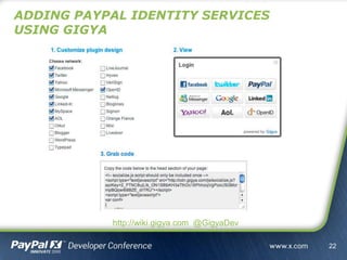 ADDING PAYPAL IDENTITY SERVICES
USING GIGYA
22
http://wiki.gigya.com @GigyaDev
 