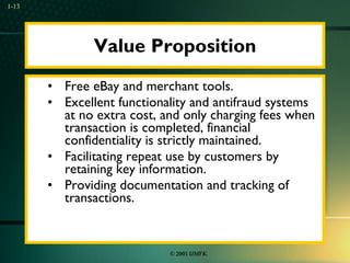 Value Proposition Free eBay and merchant tools. Excellent functionality and antifraud systems at no extra cost, and only charging fees when transaction is completed, financial confidentiality is strictly maintained. Facilitating repeat use by customers by retaining key information. Providing documentation and tracking of transactions. 1- 