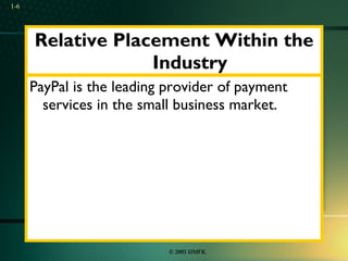 Relative Placement Within the Industry PayPal is the leading provider of payment services in the small business market.  1- 