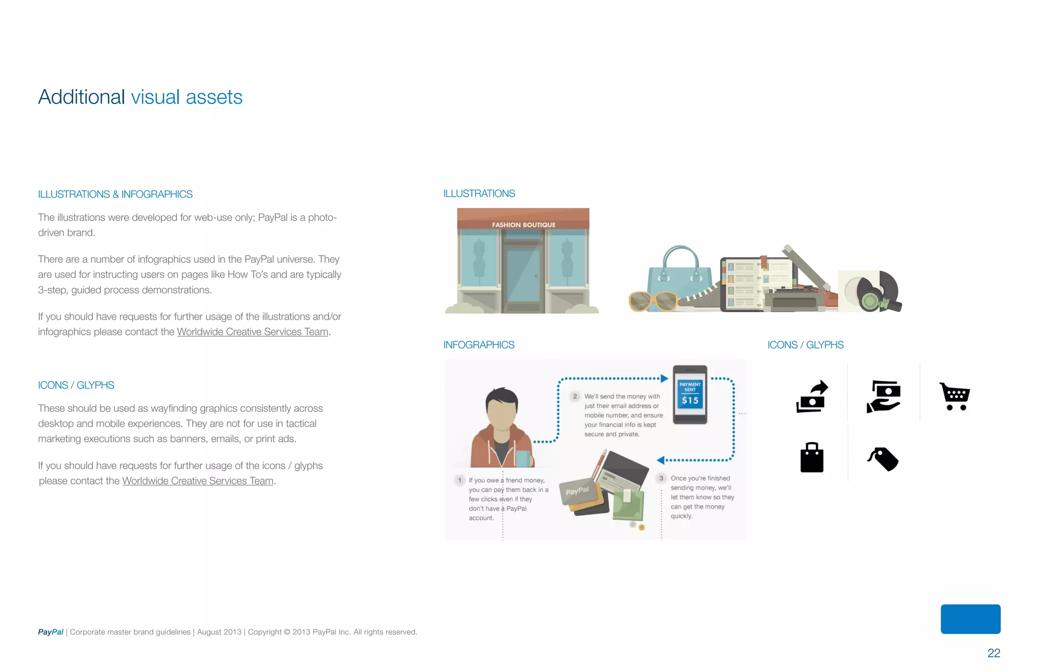 22
PayPal | Corporate master brand guidelines | August 2013 | Copyright © 2013 PayPal Inc. All rights reserved.
Additional visual assets
illustrations & infographics
The illustrations were developed for web-use only; PayPal is a photo-
driven brand.
There are a number of infographics used in the PayPal universe. They
are used for instructing users on pages like How To’s and are typically
3-step, guided process demonstrations.
If you should have requests for further usage of the illustrations and/or
infographics please contact the Worldwide Creative Services Team.
icons / glyphs
These should be used as wayfinding graphics consistently across
desktop and mobile experiences. They are not for use in tactical
marketing executions such as banners, emails, or print ads.
If you should have requests for further usage of the icons / glyphs
please contact the Worldwide Creative Services Team.
Execution
Buildings (Commercial)
Tier 3 (Background Metropolitan)Tier 2 (Foreground Metropolitan)Tier 1 (Street Level)
Tier 1 structures are street-level flat
perspective that use all of the color palettes.
They are typically retail structures that are a
single story, though exceptions can be made.
These building contain the most detail and
the more drastic lighting of the three.
Tier 2 structures are wide-views of
metropolitan areas in full scope. The used the
Sand Color Palette in combination with the
blue of the Saturated Color Palette and cast
shadows from the top of the window panes
with a 10% Grey on Multiply.
Tier 3 structures are the most distant
and simple structure forms. They limit
themselves to the Sand Color Palette nd
typically only use 4 tones. These buildings
are the most distant and provide only partial
supplementary atmosphere.
There are three tiers of commercial architectural structures that vary depending on their prominence and
placement in relation to the foreground.
FASHION BOUTIQUEIllustration Guidelines
Execution
Infographics
There are a number of infographics used in the PayPal Universe. They are used for instructing users on
processes on pages like How To’s and are typically 3-step, guided process demonstrations.
Interaction Lines
Step NumberingTier 1 Character Cuts
These lines guide users through the steps
of a process. They are created in Pal Blue.
Above are the specs for the interaction lines.
Each step has a numbered shape to make
it easier to follow along. These are already
created and need only changes to the
numbers if needed.
Tier 1 Characters terminate in a cut into
the canvas. These files can be found in
the perviously creating infographic pages
and include a highlight and shadow to
dimensionally create a character terminal.
Illustration Guidelines
Execution
Objects
Objects in the PayPal Universe are more flexible with the grid than buildings, but not as flexible as people. In
creating objects, Use the Saturated and Sand & Stone Palettes. They are, for the most part, built on a grid and
contain 10% Grey shading. Objects aren’t tiered as they are typically created as a prominent element in a story
such as infographics and editorial graphics.
Illustrations
Infographics Icons / glyphs
ContentS
 