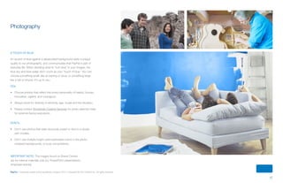 17
PayPal | Corporate master brand guidelines | August 2013 | Copyright © 2013 PayPal Inc. All rights reserved.
A touch of blue
An accent of blue against a desaturated background adds a unique
quality to our photography, and communicates that PayPal is part of
everyday life. When deciding what to “turn blue” in your images, the
blue sky and blue water don’t count as your “touch of blue.” You can
choose something small, like an earring or shoe, or something large,
like a hat or bicycle. It’s up to you.
DOs
•	 Choose photos that reflect the brand personality of helpful, human,
innovative, vigilent, and couragous.
•	 Always strive for diversity in ethnicity, age, locale and the situation.
•	 Please contact Worldwide Creative Services for photo selection help
for external-facing executions.
DON’Ts
•	 Don’t use photos that were obviously posed or shot in a studio
with models.
•	 Don’t use multiple bright colors/saturated colors in the photo,
cluttered backgrounds, or busy compositions.
Important note: The images found on Brand Central
are for internal materials only (i.e. PowerPoint presentations,
employee events).
Photography
ContentS
 