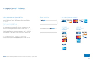 27
PayPal | Corporate master brand guidelines | August 2013 | Copyright © 2013 PayPal Inc. All rights reserved.
SECURE PAYMENTS BY
Module templates
Acceptance mark modules
PayPal as an all-in-one payment method
To indicate that customers can pay with their credit card or bank
account when using PayPal, use one of the PayPal modules shown
on the right.
PayPal as a payment method
To indicate that PayPal is an accepted payment method in addition
to, but separate from other payment methods, it is preferred that the
PayPal acceptance mark always be placed as the first option. An
exception exists for Discover-produced multi-branded signage, where
Discover is featured in the first position, followed by PayPal. Orient the
payment marks in either landscape or stacked formats as shown on
the far right.
All non-logo text for Module Templates is in Helvetica Neue
Roman/Regular. Use Arial Regular when text size is smaller than 8pt.
PREFERRED landscape placement
PREFERRED
single-stacked
placement
PREFERRED
double-stacked
placement
®
®
® ®®
®
®®
®
®
ContentS
 
