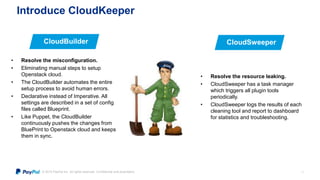 © 2015 PayPal Inc. All rights reserved. Confidential and proprietary.
Introduce CloudKeeper
11
CloudBuilder CloudSweeper
• Resolve the misconfiguration.
• Eliminating manual steps to setup
Openstack cloud.
• The CloudBuilder automates the entire
setup process to avoid human errors.
• Declarative instead of Imperative. All
settings are described in a set of config
files called Blueprint.
• Like Puppet, the CloudBuilder
continuously pushes the changes from
BluePrint to Openstack cloud and keeps
them in sync.
• Resolve the resource leaking.
• CloudSweeper has a task manager
which triggers all plugin tools
periodically.
• CloudSweeper logs the results of each
cleaning tool and report to dashboard
for statistics and troubleshooting.
 