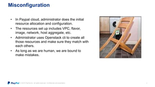 © 2015 PayPal Inc. All rights reserved. Confidential and proprietary.
Misconfiguration
• In Paypal cloud, administrator does the initial
resource allocation and configuration.
• The resources set up includes VPC, flavor,
image, network, host aggregate, etc.
• Administrator uses Openstack cli to create all
those resources and make sure they match with
each others.
• As long as we are human, we are bound to
make mistakes.
5
 