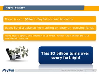 PayPal Balance




There is over $3bn in PayPal account balances

Users build a balance from selling on eBay or receiving funds

Many users spend this money as a ‘treat’ rather than withdraw it to
their bank account




                            This $3 billion turns over
                                 every fortnight


         13                                  OPPORTUNITIES FOR GROWTH   13
 