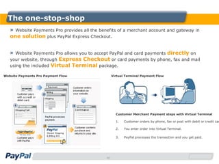 The one-stop-shop
   » Website Payments Pro provides all the benefits of a merchant account and gateway in
   one solution plus PayPal Express Checkout.


   » Website Payments Pro allows you to accept PayPal and card payments directly on
   your website, through Express Checkout or card payments by phone, fax and mail
   using the included Virtual Terminal package.

Website Payments Pro Payment Flow                  Virtual Terminal Payment Flow




                                                     Customer Merchant Payment steps with Virtual Terminal

                                                     1.   Customer orders by phone, fax or post with debit or credit car

                                                     2.   You enter order into Virtual Terminal.

                                                     3.   PayPal processes the transaction and you get paid.




                                              16
 