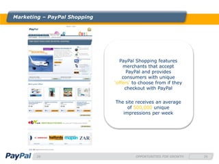 Marketing – PayPal Shopping




                                PayPal Shopping features
                                  merchants that accept
                                    PayPal and provides
                                  consumers with unique
                              ‘offers’ to choose from if they
                                   checkout with PayPal


                              The site receives an average
                                   of 500,000 unique
                                 impressions per week




       26                              OPPORTUNITIES FOR GROWTH   26
 