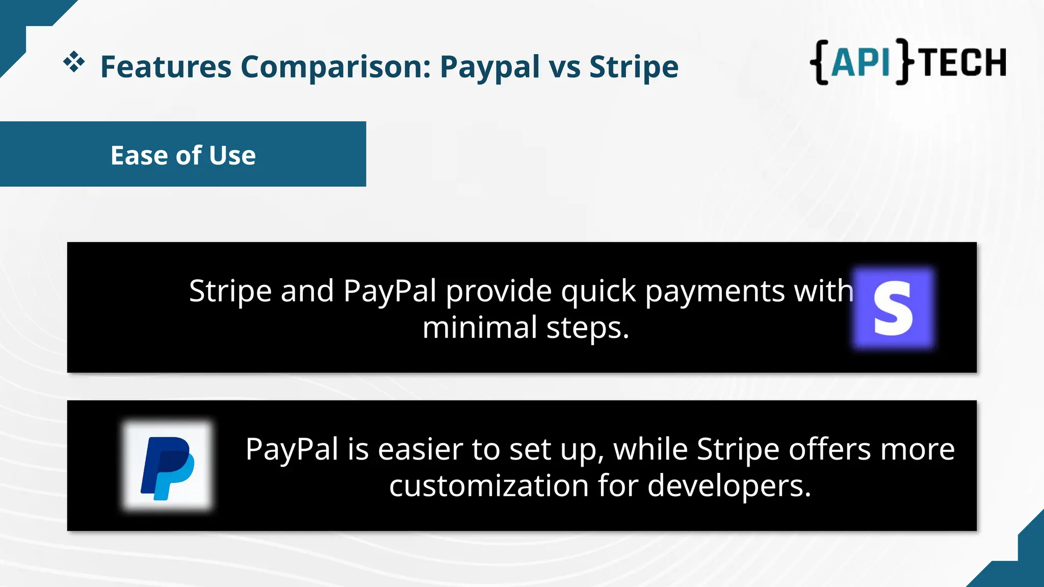 Ease of Use
 Features Comparison: Paypal vs Stripe
PayPal is easier to set up, while Stripe offers more
customization for developers.
Stripe and PayPal provide quick payments with
minimal steps.
 