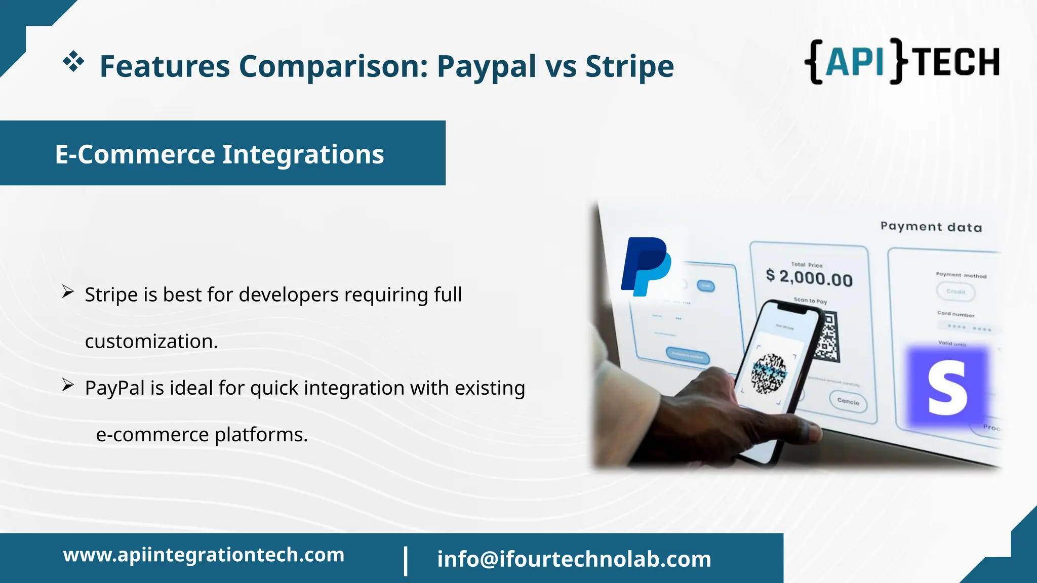 E-Commerce Integrations
 Features Comparison: Paypal vs Stripe
 Stripe is best for developers requiring full
customization.
 PayPal is ideal for quick integration with existing
e-commerce platforms.
www.apiintegrationtech.com info@ifourtechnolab.com
|
 