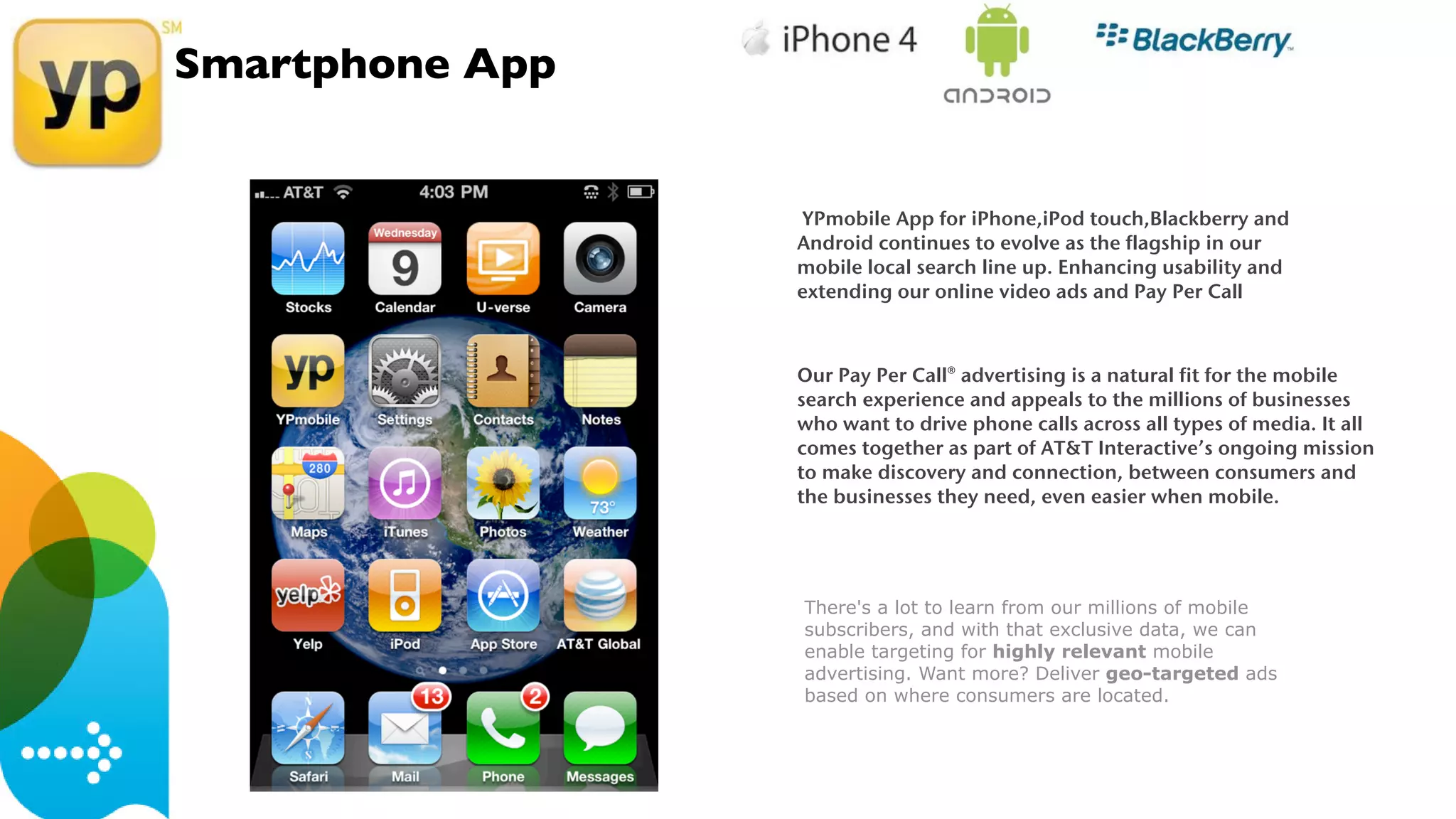 Smartphone App


                 YPmobile App for iPhone,iPod touch,Blackberry and
                 Android continues to evolve as the flagship in our
                 mobile local search line up. Enhancing usability and
                 extending our online video ads and Pay Per Call



                 Our Pay Per Call® advertising is a natural fit for the mobile
                 search experience and appeals to the millions of businesses
                 who want to drive phone calls across all types of media. It all
                 comes together as part of AT&T Interactive’s ongoing mission
                 to make discovery and connection, between consumers and
                 the businesses they need, even easier when mobile.
                             Radio



                 There's a lot to learn from our millions of mobile
                 subscribers, and with that exclusive data, we can
                 enable targeting for highly relevant mobile
                 advertising. Want more? Deliver geo-targeted ads
                 based on where consumers are located.
 