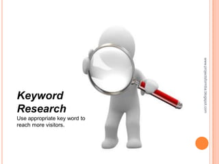 www.projectsformba.blogspot.com
Keyword
Research
Use appropriate key word to
reach more visitors.
 