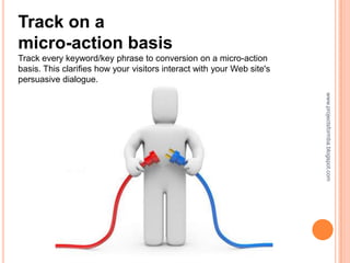 Track on a
micro-action basis
Track every keyword/key phrase to conversion on a micro-action
basis. This clarifies how your visitors interact with your Web site's
persuasive dialogue.




                                                                        www.projectsformba.blogspot.com
 
