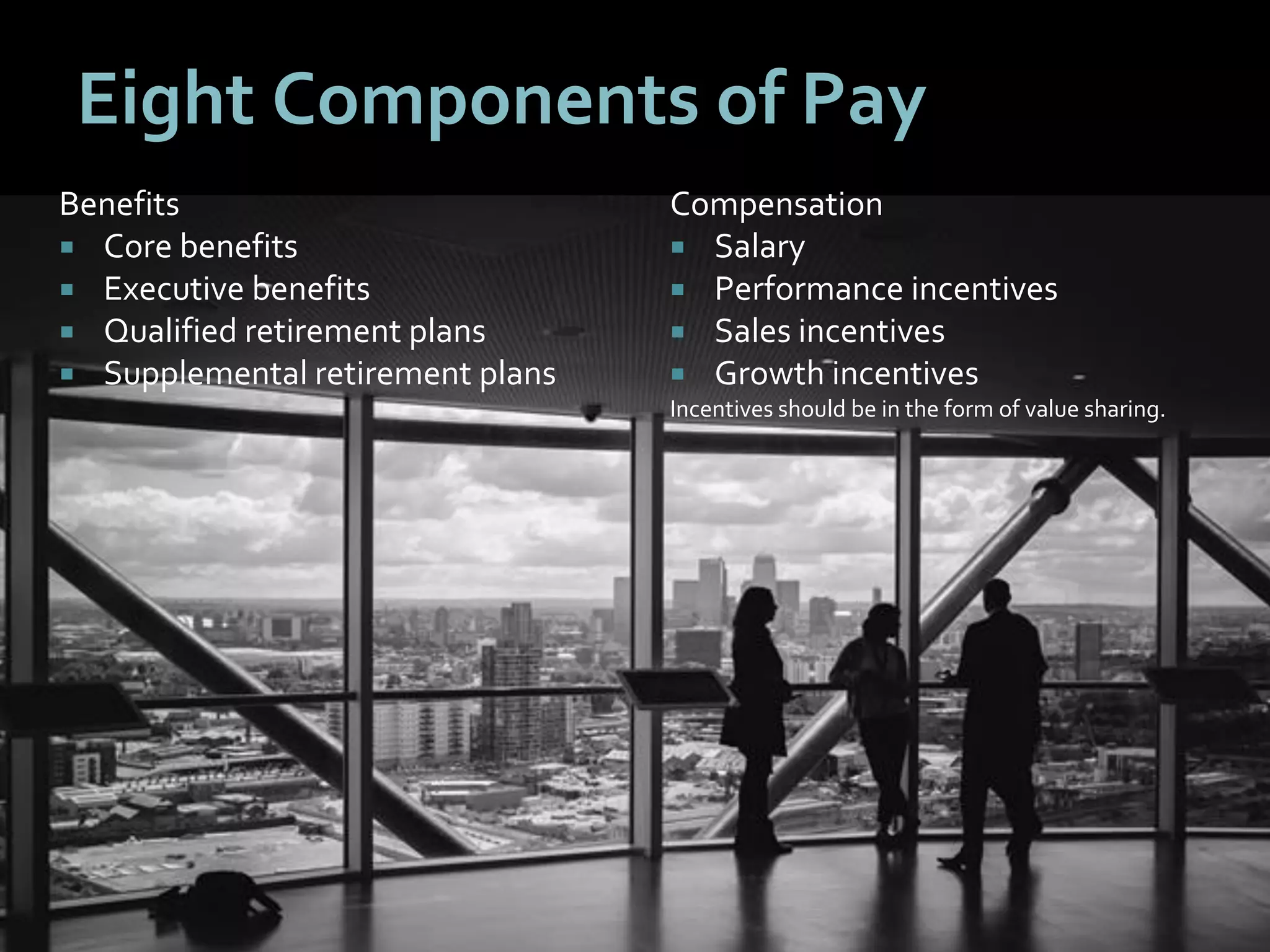 2525
Eight Components of Pay
Benefits
 Core benefits
 Executive benefits
 Qualified retirement plans
 Supplemental retirement plans
Compensation
 Salary
 Performance incentives
 Sales incentives
 Growth incentives
Incentives should be in the form of value sharing.
 