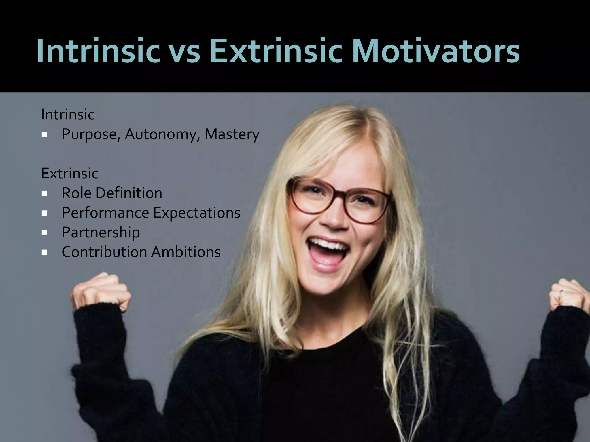4747
Intrinsic vs Extrinsic Motivators
Intrinsic
 Purpose, Autonomy, Mastery
Extrinsic
 Role Definition
 Performance Expectations
 Partnership
 Contribution Ambitions
 