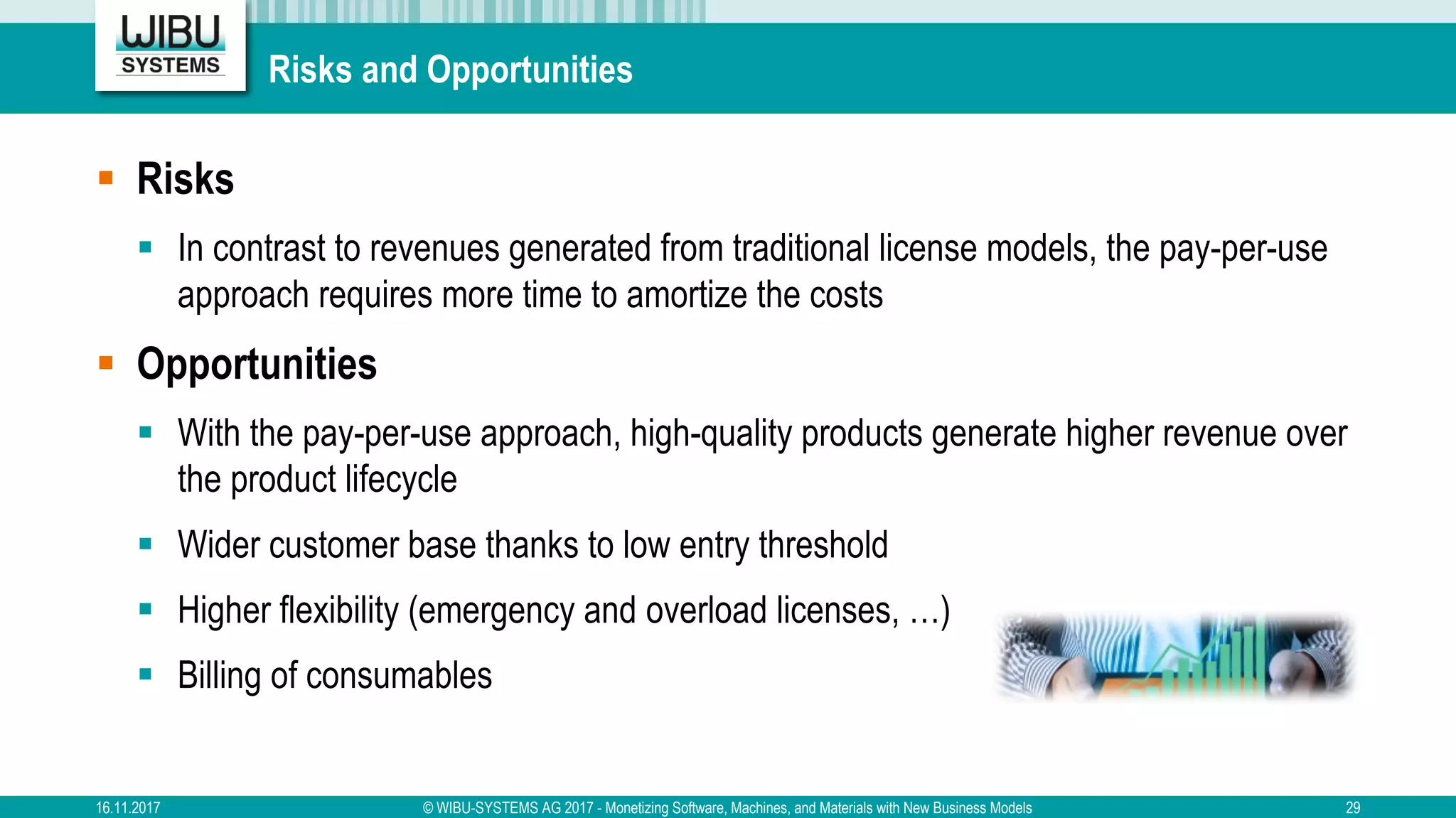 Risks and Opportunities
§ Risks
§ In contrast to revenues generated from traditional license models, the pay-per-use
approach requires more time to amortize the costs
§ Opportunities
§ With the pay-per-use approach, high-quality products generate higher revenue over
the product lifecycle
§ Wider customer base thanks to low entry threshold
§ Higher flexibility (emergency and overload licenses, …)
§ Billing of consumables
16.11.2017 © WIBU-SYSTEMS AG 2017 - Monetizing Software, Machines, and Materials with New Business Models 29
 