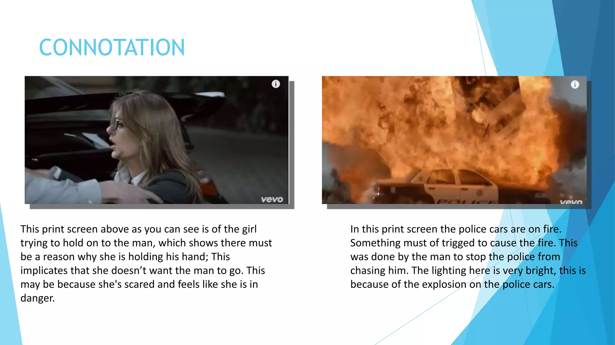 CONNOTATION
This print screen above as you can see is of the girl
trying to hold on to the man, which shows there must
be a reason why she is holding his hand; This
implicates that she doesn’t want the man to go. This
may be because she's scared and feels like she is in
danger.
In this print screen the police cars are on fire.
Something must of trigged to cause the fire. This
was done by the man to stop the police from
chasing him. The lighting here is very bright, this is
because of the explosion on the police cars.
 