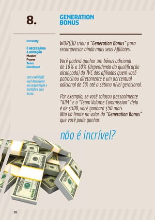 GENERATION
BONUS8.
Instantly
É NECESSÁRIA
A ATIVAÇÃO
Master
Power
Team
Developer
não é incrível?
WOR(l)D criou o “Generation Bonus” para
recompensar ainda mais seus Affiliates.
Você poderá ganhar um bônus adicional
de 10% a 30% (dependendo da qualificação
alcançada) do TVC dos afiliados quem você
patrocinou diretamente e um percentual
adicional de 5% até o sétimo nível geracional.
Por exemplo, se você colocou pessoalmente
“KIM” e o “Team Volume Commission” dela
é de $500, você ganhará $50 mais.
Não há limite no valor do “Generation Bonus”
que você pode ganhar.
Com a WOR(l)D
você desenvolve
sua organização e
multiplica seus
lucros.
18
 