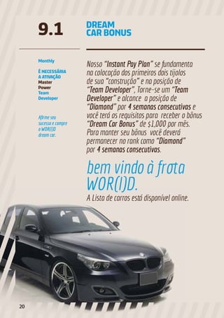 Nosso “Instant Pay Plan” se fundamenta
na colocação dos primeiros dois tijolos
de sua “construção” e na posição de
“Team Developer”, Torne-se um “Team
Developer” e alcance a posição de
“Diamond” por 4 semanas consecutivas e
você terá os requisitos para receber o bônus
“Dream Car Bonus” de $1,000 por mês.
Para manter seu bônus você deverá
permanecer no rank como “Diamond”
por 4 semanas consecutivas.
Afirme seu
sucesso e compre
o WOR(l)D
dream car.
Monthly
É NECESSÁRIA
A ATIVAÇÃO
Master
Power
Team
Developer
DREAM
CAR BONUS9.1
bem vindo à frota
WOR(l)D.
A Lista de carros está disponível online.
20
 