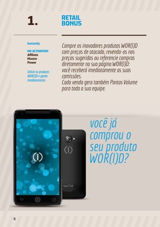 Utilize os produtos
WOR(l)D e ganhe
imediatamente.
Instantly
NO ACTIVATION
Affiliate
Master
Power
Compre os inovadores produtos WOR(l)D
com preços de atacado, revenda-os nos
preços sugeridos ou referencie compras
diretamente na sua página WOR(l)D:
você receberá imediatamente as suas
comissões.
Cada venda gera também Pontos Volume
para toda a sua equipe.
1. RETAIL
BONUS
você já
comprou o
seu produto
WOR(l)D?
6
 
