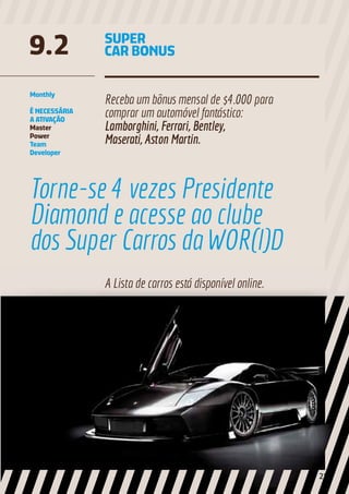 SUPER
CAR BONUS9.2
A Lista de carros está disponível online.
Receba um bônus mensal de $4.000 para
comprar um automóvel fantástico:
Lamborghini, Ferrari, Bentley,
Maserati, Aston Martin.
Monthly
É NECESSÁRIA
A ATIVAÇÃO
Master
Power
Team
Developer
Torne-se 4 vezes Presidente
Diamond e acesse ao clube
dos Super Carros da WOR(l)D
21
 