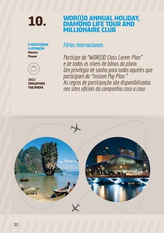 É NECESSÁRIA
A ATIVAÇÃO
Master
Power
Férias Internacionais
Participe do “WOR(l)D Class Career Plan”
e de todos os níveis de bônus do plano.
Um privilégio de sonho para todos aqueles que
participam do “Instant Pay Plan.”
As regras de participação são disponibilizadas
nos sites oficiais da companhia caso a caso
WOR(l)D ANNUAL HOLIDAY,
DIAMOND LIFE TOUR AND
MILLIONAIRE CLUB
10.
2012
SINGAPURA
TAILÂNDIA
22
 