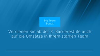 Big Team
                    Bonus


Verdienen Sie ab der 3. Karrierestufe auch
 auf die Umsätze in Ihrem starken Team
 