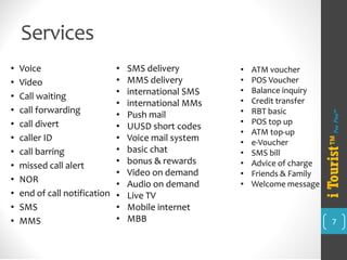 Services 
• 
Voice 
• 
Video 
• 
Callwaiting 
• 
callforwarding 
• 
calldivert 
• 
callerID 
• 
callbarring 
• 
missedcallalert 
• 
NOR 
• 
endofcallnotification 
• 
SMS 
• 
MMS 7 
• 
SMS delivery 
• 
MMS delivery 
• 
international SMS 
• 
international MMs 
• 
Push mail 
• 
UUSD short codes 
• 
Voice mail system 
• 
basic chat 
• 
bonus & rewards 
• 
Video on demand 
• 
Audio on demand 
• 
Live TV 
• 
Mobile internet 
• 
MBB 
• 
ATM voucher 
• 
POS Voucher 
• 
Balance inquiry 
• 
Credit transfer 
• 
RBT basic 
• 
POS top up 
• 
ATM top-up 
• 
e-Voucher 
• 
SMS bill 
• 
Advice of charge 
• 
Friends & Family 
• 
Welcome message 
i Tourist™ 
Pay Play™ 