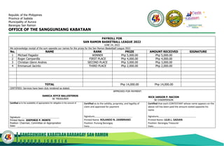 SANGGUNIANG KABATAANBARANGAY SAN RAMON
A U R O R A , I S A B E L A
Republic of the Philippines
Province of Isabela
Municipality of Aurora
Barangay San Ramon
OFFICE OF THE SANGGUNIANG KABATAAN
PAYROLL FOR
SAN RAMON BASKETBALL LEAGUE 2022
JUNE 24, 2022
We acknowledge receipt of the sum opposite our names for the prizes for the San Ramon Basketball League 2022
No. NAME RANK PRIZE AMOUNT RECEIVED SIGNATURE
1 Michael Pagador WINNER Php 5,000.00 Php 5,000.00
2 Roger Campanilla FIRST PLACE Php 4,000.00 Php 4,000.00
3 Christian Glenn Andres SECOND PLACE Php 3,000.00 Php 3,000.00
4 Emmanuel Jacinto THIRD PLACE Php 2,000.00 Php 2,000.00
TOTAL Php 14,000.00 Php 14,000.00
CERTIFIED: Services have been duly rendered as stated.
DANICA JOYCE BALLESTEROS
SK TREASURER
APPROVED FOR PAYMENT:
NICK JARGON P. NACION
SK CHAIRPERSON
Certified as to the availability of appropriation for obligation in the amount of
Signature:
Printed Name: JOEPHRIE P. MONTE
Position: Chairman, Committee on Appropriation
Date:
Certified as to the validity, propriety, and legality of
claim and approved for payment
Signature:
Printed Name: ROLANDO N. ZAMBRANO
Position: Punong Barangay
Date:
Certified that each CONTESTANT whose name appears on the
above roll has been paid the amount stated opposite his
name
Signature:
Printed Name: LILIA L. SADIAN
Position: Barangay Treasurer
Date:
BARANGAY SAN
RAMON
 