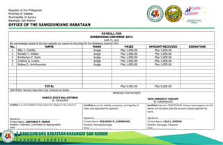 SANGGUNIANG KABATAANBARANGAY SAN RAMON
A U R O R A , I S A B E L A
Republic of the Philippines
Province of Isabela
Municipality of Aurora
Barangay San Ramon
OFFICE OF THE SANGGUNIANG KABATAAN
PAYROLL FOR
BINIBEKING UNIVERSE 2022
JUNE 25, 2022
We acknowledge receipt of the sum opposite our names for the prizes for the Binibeking Universe 2022
No. NAME RANK PRIZE AMOUNT RECEIVED SIGNATURE
1 Billy J. Castillo Judge Php 1,000.00 Php 1,000.00
2 Ronald Y. Valdez Judge Php 1,000.00 Php 1,000.00
3 Kimberlyn P. Sario Judge Php 1,000.00 Php 1,000.00
4 Cristina G. Luyon Judge Php 1,000.00 Php 1,000.00
5 Robee D. Arimbuyutan Judge Php 1,000.00 Php 1,000.00
TOTAL Php 5,000.00 Php 5,000.00
CERTIFIED: Services have been duly rendered as stated.
DANICA JOYCE BALLESTEROS
SK TREASURER
APPROVED FOR PAYMENT:
NICK JARGON P. NACION
SK CHAIRPERSON
Certified as to the availability of appropriation for obligation in the amount of
Signature:
Printed Name: JOEPHRIE P. MONTE
Position: Chairman, Committee on Appropriation
Date:
Certified as to the validity, propriety, and legality of
claim and approved for payment
Signature:
Printed Name: ROLANDO N. ZAMBRANO
Position: Punong Barangay
Date:
Certified that each CONTESTANT whose name appears on the
above roll has been paid the amount stated opposite his
name
Signature:
Printed Name: LILIA L. SADIAN
Position: Barangay Treasurer
Date:
BARANGAY SAN
RAMON
 