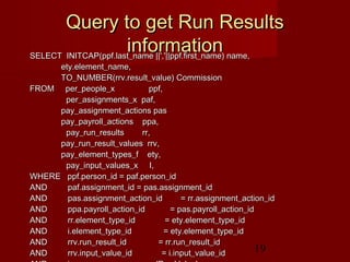 19
Query to get Run ResultsQuery to get Run Results
informationinformationSELECT INITCAP(ppf.last_name ||','||ppf.first_name) name,SELECT INITCAP(ppf.last_name ||','||ppf.first_name) name,
ety.element_name,ety.element_name,
TO_NUMBER(rrv.result_value) CommissionTO_NUMBER(rrv.result_value) Commission
FROM per_people_x ppf,FROM per_people_x ppf,
per_assignments_x paf,per_assignments_x paf,
pay_assignment_actions paspay_assignment_actions pas
pay_payroll_actions ppa,pay_payroll_actions ppa,
pay_run_results rr,pay_run_results rr,
pay_run_result_values rrv,pay_run_result_values rrv,
pay_element_types_f ety,pay_element_types_f ety,
pay_input_values_x I,pay_input_values_x I,
WHERE ppf.person_id = paf.person_idWHERE ppf.person_id = paf.person_id
AND paf.assignment_id = pas.assignment_idAND paf.assignment_id = pas.assignment_id
AND pas.assignment_action_id = rr.assignment_action_idAND pas.assignment_action_id = rr.assignment_action_id
AND ppa.payroll_action_id = pas.payroll_action_idAND ppa.payroll_action_id = pas.payroll_action_id
AND rr.element_type_id = ety.element_type_idAND rr.element_type_id = ety.element_type_id
AND i.element_type_id = ety.element_type_idAND i.element_type_id = ety.element_type_id
AND rrv.run_result_id = rr.run_result_idAND rrv.run_result_id = rr.run_result_id
AND rrv.input_value_id = i.input_value_idAND rrv.input_value_id = i.input_value_id
 