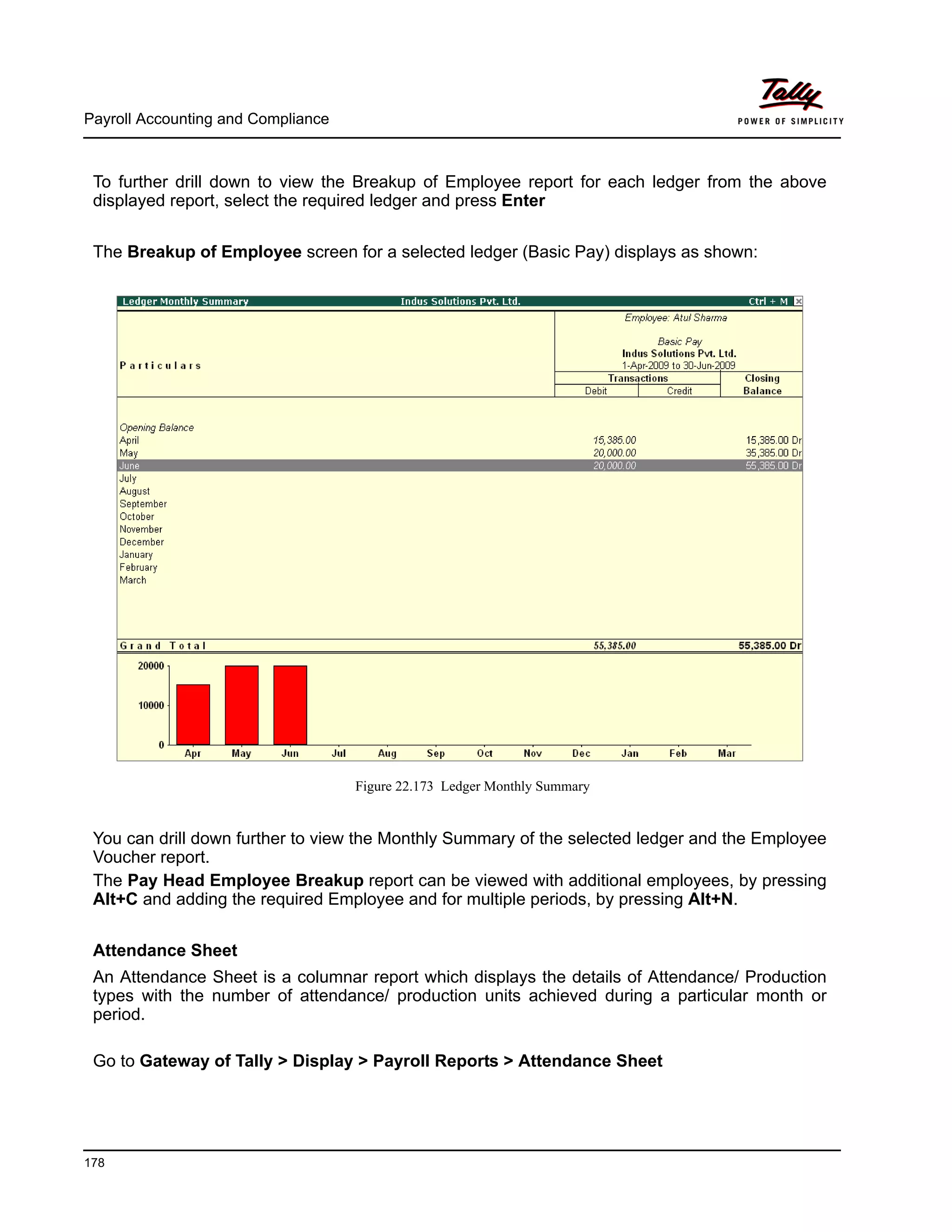 Payroll Accounting and Compliance
178
To further drill down to view the Breakup of Employee report for each ledger from the above
displayed report, select the required ledger and press Enter
The Breakup of Employee screen for a selected ledger (Basic Pay) displays as shown:
Figure 22.173 Ledger Monthly Summary
You can drill down further to view the Monthly Summary of the selected ledger and the Employee
Voucher report.
The Pay Head Employee Breakup report can be viewed with additional employees, by pressing
Alt+C and adding the required Employee and for multiple periods, by pressing Alt+N.
Attendance Sheet
An Attendance Sheet is a columnar report which displays the details of Attendance/ Production
types with the number of attendance/ production units achieved during a particular month or
period.
Go to Gateway of Tally > Display > Payroll Reports > Attendance Sheet
 