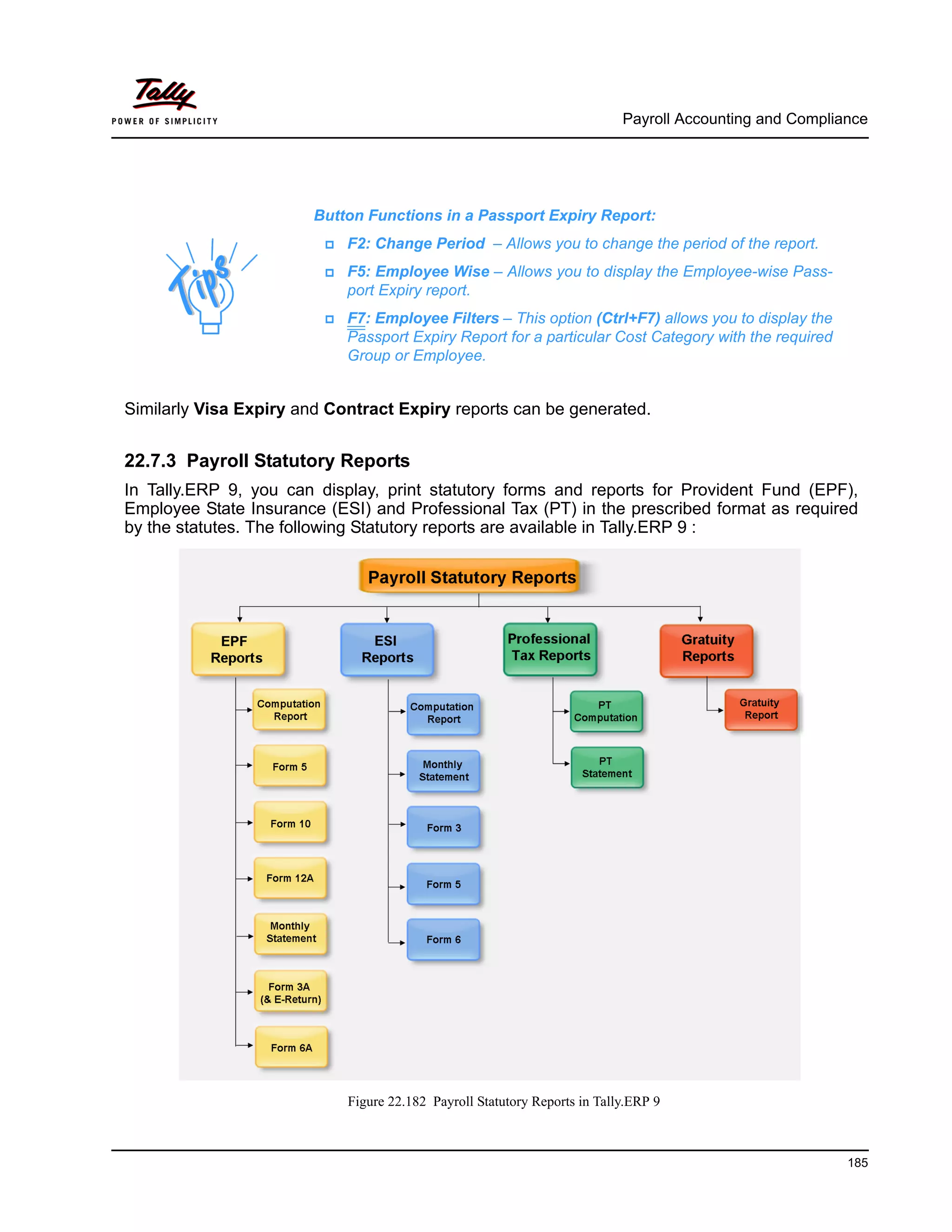 Payroll Accounting and Compliance
185
Similarly Visa Expiry and Contract Expiry reports can be generated.
22.7.3 Payroll Statutory Reports
In Tally.ERP 9, you can display, print statutory forms and reports for Provident Fund (EPF),
Employee State Insurance (ESI) and Professional Tax (PT) in the prescribed format as required
by the statutes. The following Statutory reports are available in Tally.ERP 9 :
Figure 22.182 Payroll Statutory Reports in Tally.ERP 9
Button Functions in a Passport Expiry Report:
F2: Change Period – Allows you to change the period of the report.
F5: Employee Wise – Allows you to display the Employee-wise Pass-
port Expiry report.
F7: Employee Filters – This option (Ctrl+F7) allows you to display the
Passport Expiry Report for a particular Cost Category with the required
Group or Employee.
 