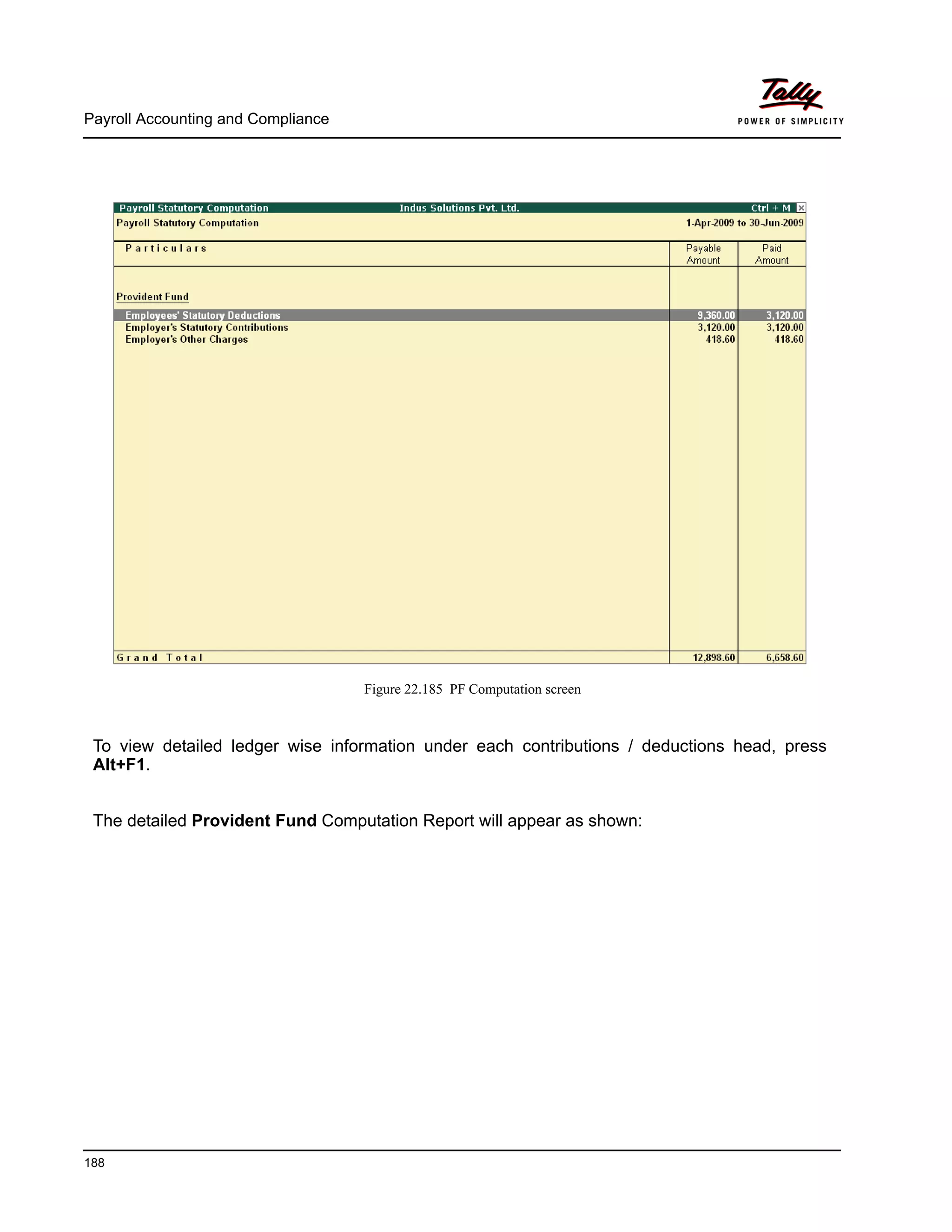 Payroll Accounting and Compliance
188
Figure 22.185 PF Computation screen
To view detailed ledger wise information under each contributions / deductions head, press
Alt+F1.
The detailed Provident Fund Computation Report will appear as shown:
 