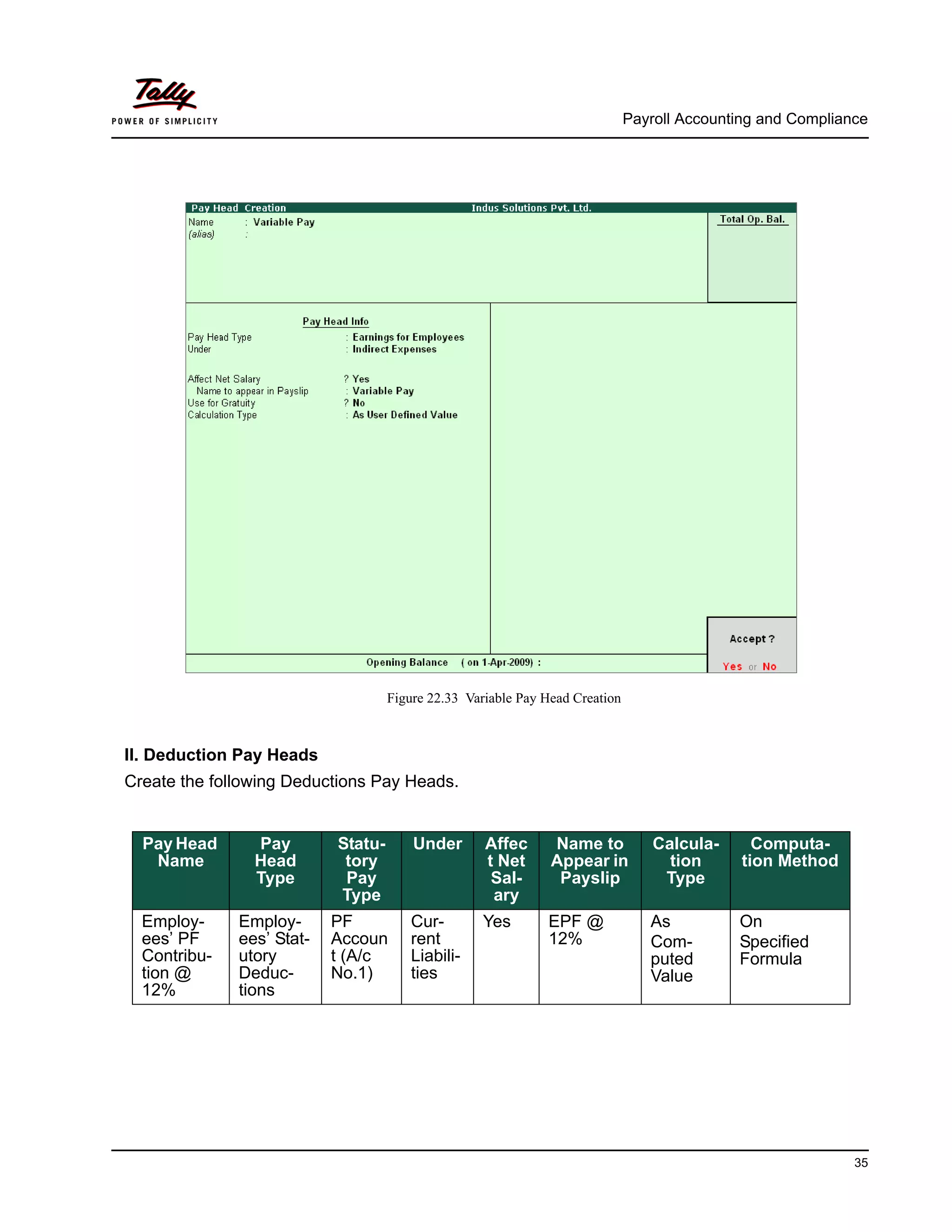 Payroll Accounting and Compliance
35
Figure 22.33 Variable Pay Head Creation
II. Deduction Pay Heads
Create the following Deductions Pay Heads.
Pay Head
Name
Pay
Head
Type
Statu-
tory
Pay
Type
Under Affec
t Net
Sal-
ary
Name to
Appear in
Payslip
Calcula-
tion
Type
Computa-
tion Method
Employ-
ees’ PF
Contribu-
tion @
12%
Employ-
ees’ Stat-
utory
Deduc-
tions
PF
Accoun
t (A/c
No.1)
Cur-
rent
Liabili-
ties
Yes EPF @
12%
As
Com-
puted
Value
On
Specified
Formula
 