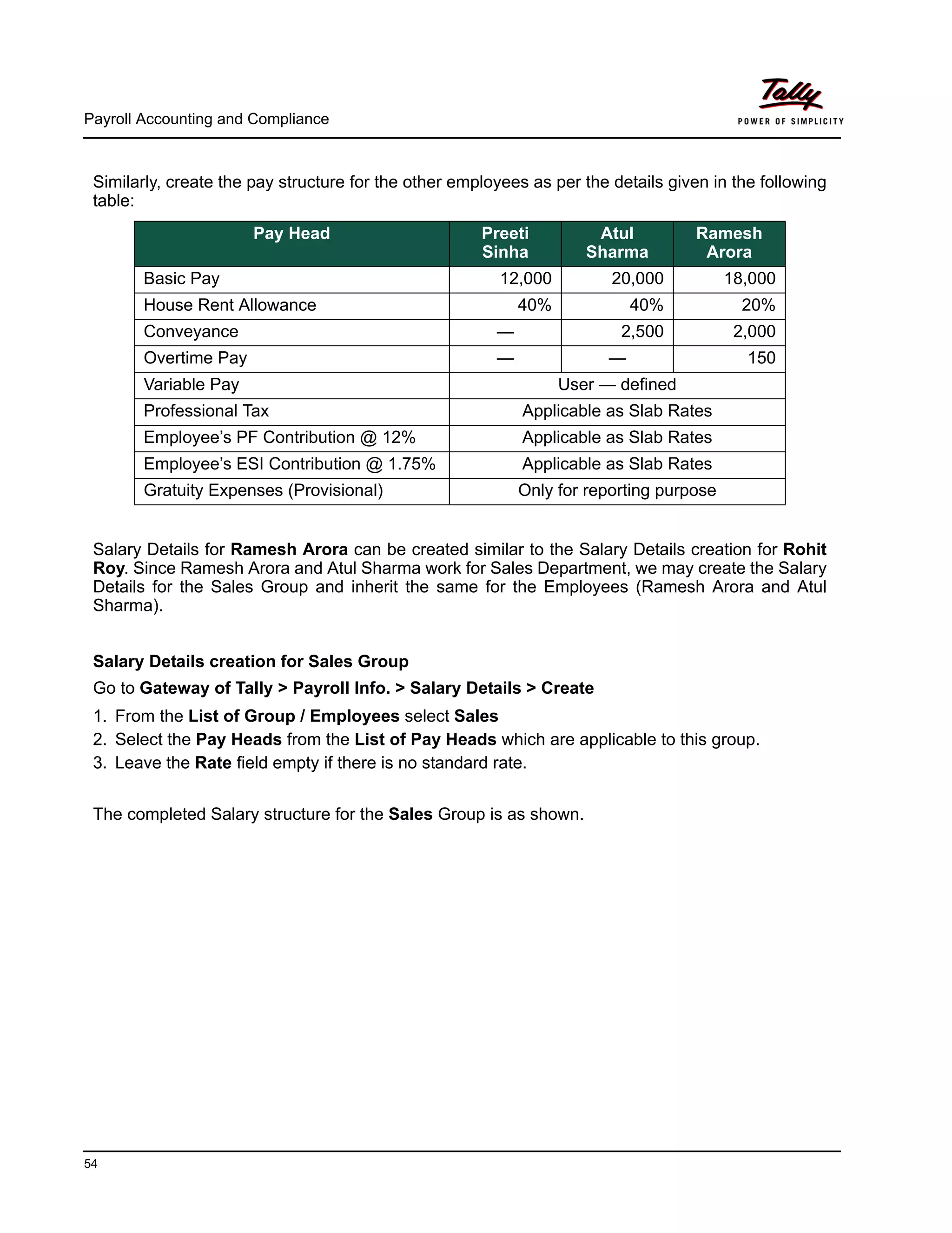 Payroll Accounting and Compliance
54
Similarly, create the pay structure for the other employees as per the details given in the following
table:
Salary Details for Ramesh Arora can be created similar to the Salary Details creation for Rohit
Roy. Since Ramesh Arora and Atul Sharma work for Sales Department, we may create the Salary
Details for the Sales Group and inherit the same for the Employees (Ramesh Arora and Atul
Sharma).
Salary Details creation for Sales Group
Go to Gateway of Tally > Payroll Info. > Salary Details > Create
1. From the List of Group / Employees select Sales
2. Select the Pay Heads from the List of Pay Heads which are applicable to this group.
3. Leave the Rate field empty if there is no standard rate.
The completed Salary structure for the Sales Group is as shown.
Pay Head Preeti
Sinha
Atul
Sharma
Ramesh
Arora
Basic Pay 12,000 20,000 18,000
House Rent Allowance 40% 40% 20%
Conveyance — 2,500 2,000
Overtime Pay — — 150
Variable Pay User — defined
Professional Tax Applicable as Slab Rates
Employee’s PF Contribution @ 12% Applicable as Slab Rates
Employee’s ESI Contribution @ 1.75% Applicable as Slab Rates
Gratuity Expenses (Provisional) Only for reporting purpose
 