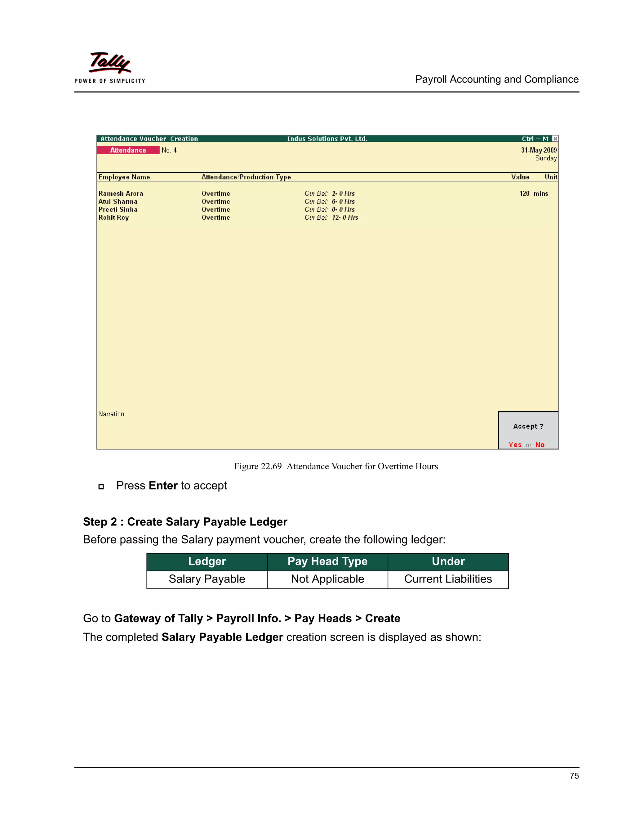Payroll Accounting and Compliance
75
Figure 22.69 Attendance Voucher for Overtime Hours
Press Enter to accept
Step 2 : Create Salary Payable Ledger
Before passing the Salary payment voucher, create the following ledger:
Go to Gateway of Tally > Payroll Info. > Pay Heads > Create
The completed Salary Payable Ledger creation screen is displayed as shown:
Ledger Pay Head Type Under
Salary Payable Not Applicable Current Liabilities
 