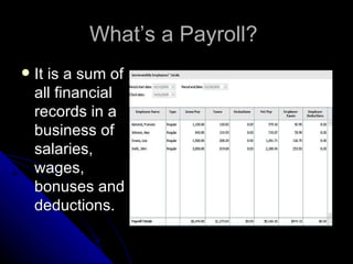 What’s a Payroll?  It is a sum of all financial records in a business of salaries, wages, bonuses and deductions. 