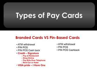 Types of Pay Cards<br />Branded Cards VS Pin-Based Cards <br /><ul><li> ATM withdrawal