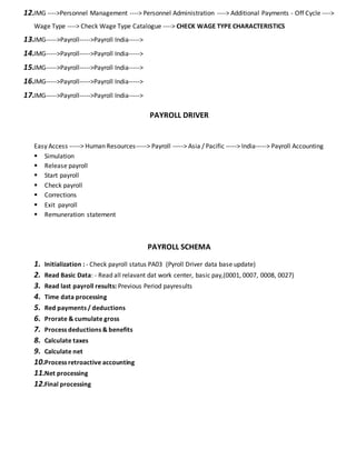 12.IMG ---->Personnel Management ----> Personnel Administration ----> Additional Payments - Off Cycle ---->
Wage Type ----> Check Wage Type Catalogue ----> CHECK WAGE TYPE CHARACTERISTICS
13.IMG----->Payroll----->Payroll India----->
14.IMG----->Payroll----->Payroll India----->
15.IMG----->Payroll----->Payroll India----->
16.IMG----->Payroll----->Payroll India----->
17.IMG----->Payroll----->Payroll India----->
PAYROLL DRIVER
Easy Access -----> Human Resources-----> Payroll -----> Asia / Pacific -----> India-----> Payroll Accounting
 Simulation
 Release payroll
 Start payroll
 Check payroll
 Corrections
 Exit payroll
 Remuneration statement
PAYROLL SCHEMA
1. Initialization : - Check payroll status PA03 (Pyroll Driver data base update)
2. Read Basic Data: - Read all relavant dat work center, basic pay,(0001, 0007, 0008, 0027)
3. Read last payroll results: Previous Period payresults
4. Time data processing
5. Red payments / deductions
6. Prorate & cumulate gross
7. Process deductions & benefits
8. Calculate taxes
9. Calculate net
10.Process retroactive accounting
11.Net processing
12.Final processing
 