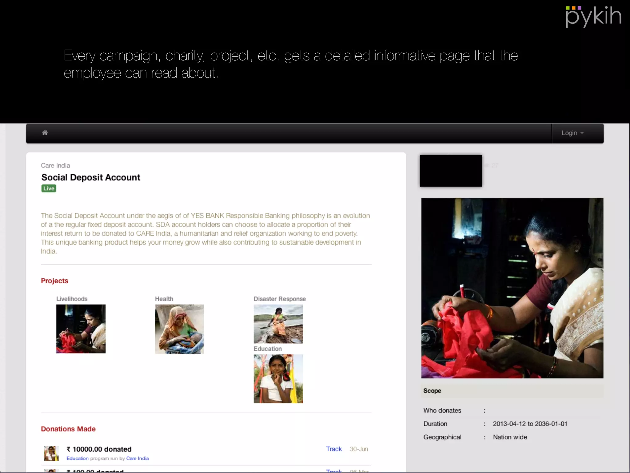Every campaign, charity, project, etc. gets a detailed informative page that the
employee can read about.
13
 