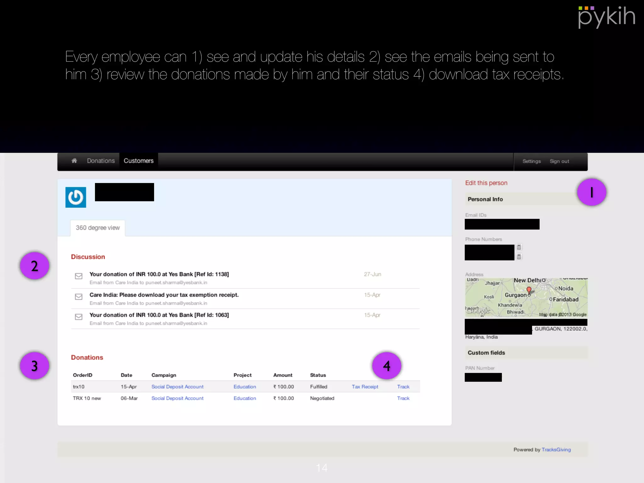 1
2
3 4
Every employee can 1) see and update his details 2) see the emails being sent
to him 3) review the donations made by him and their status 4) download tax
receipts.
14
 