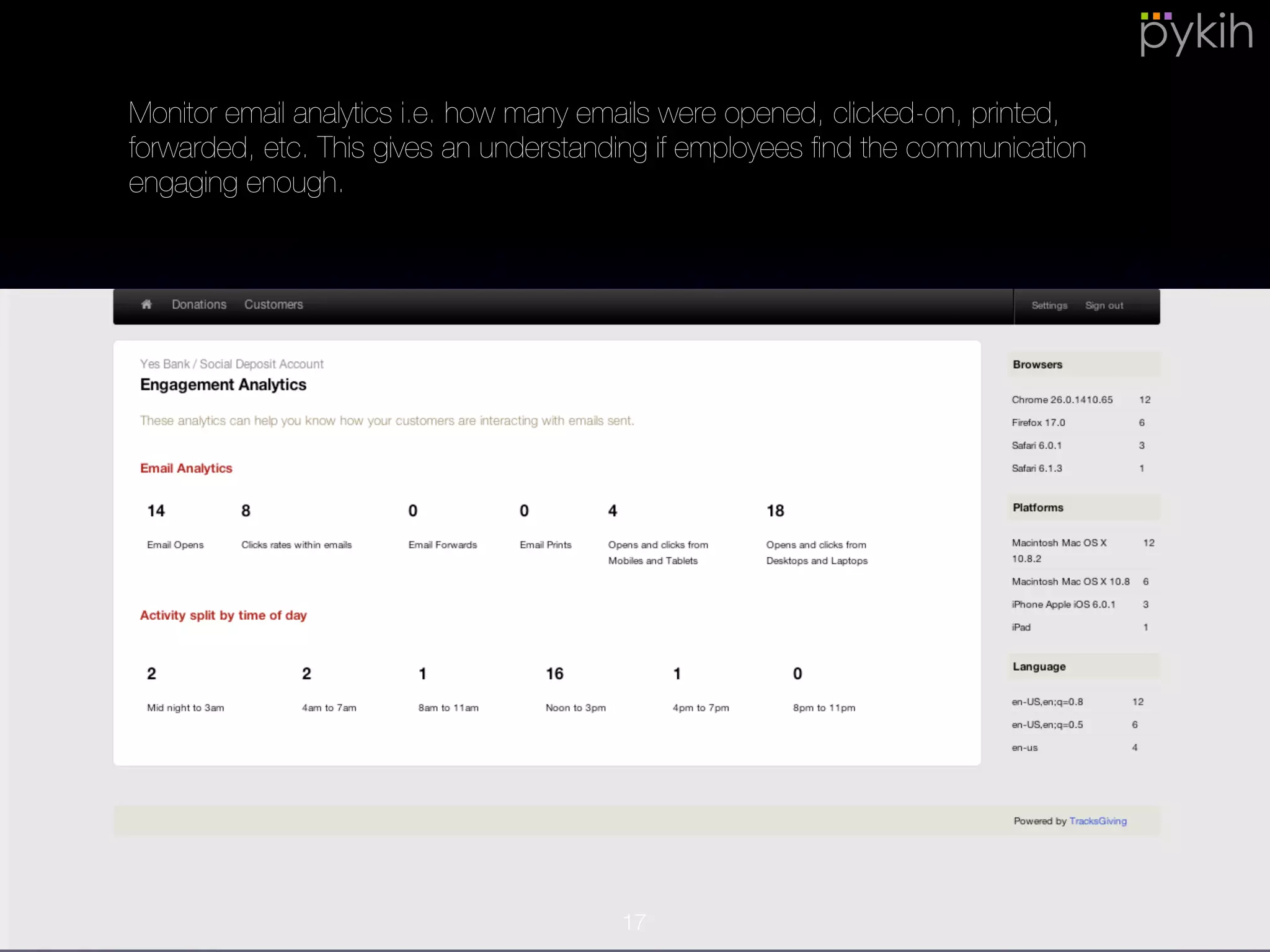 Monitor email analytics i.e. how many emails were opened, clicked-on, printed,
forwarded, etc. This gives an understanding if employees ﬁnd the
communication engaging enough.
17
 
