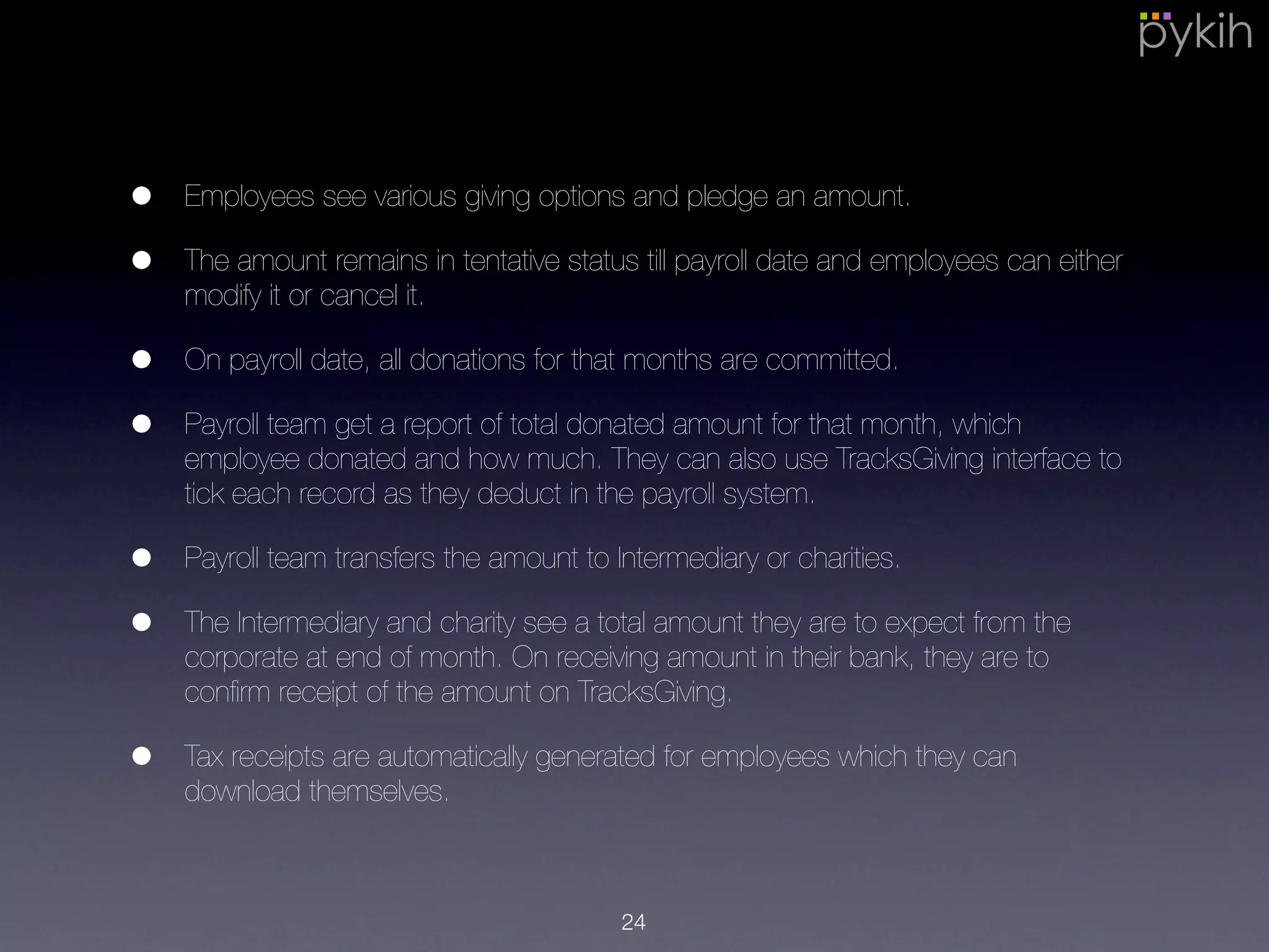 • Employees see various giving options and pledge an amount.
• The amount remains in tentative status till payroll date and employees can
either modify it or cancel it.
• On payroll date, all donations for that months are committed.
• Payroll team get a report of total donated amount for that month, which
employee donated and how much. They can also use TracksGiving
interface to tick each record as they deduct in the payroll system.
• Payroll team transfers the amount to Intermediary or charities.
• The Intermediary and charity see a total amount they are to expect from
the corporate at end of month. On receiving amount in their bank, they are
to conﬁrm receipt of the amount on TracksGiving.
• Tax receipts are automatically generated for employees which they can
download themselves.
24
 