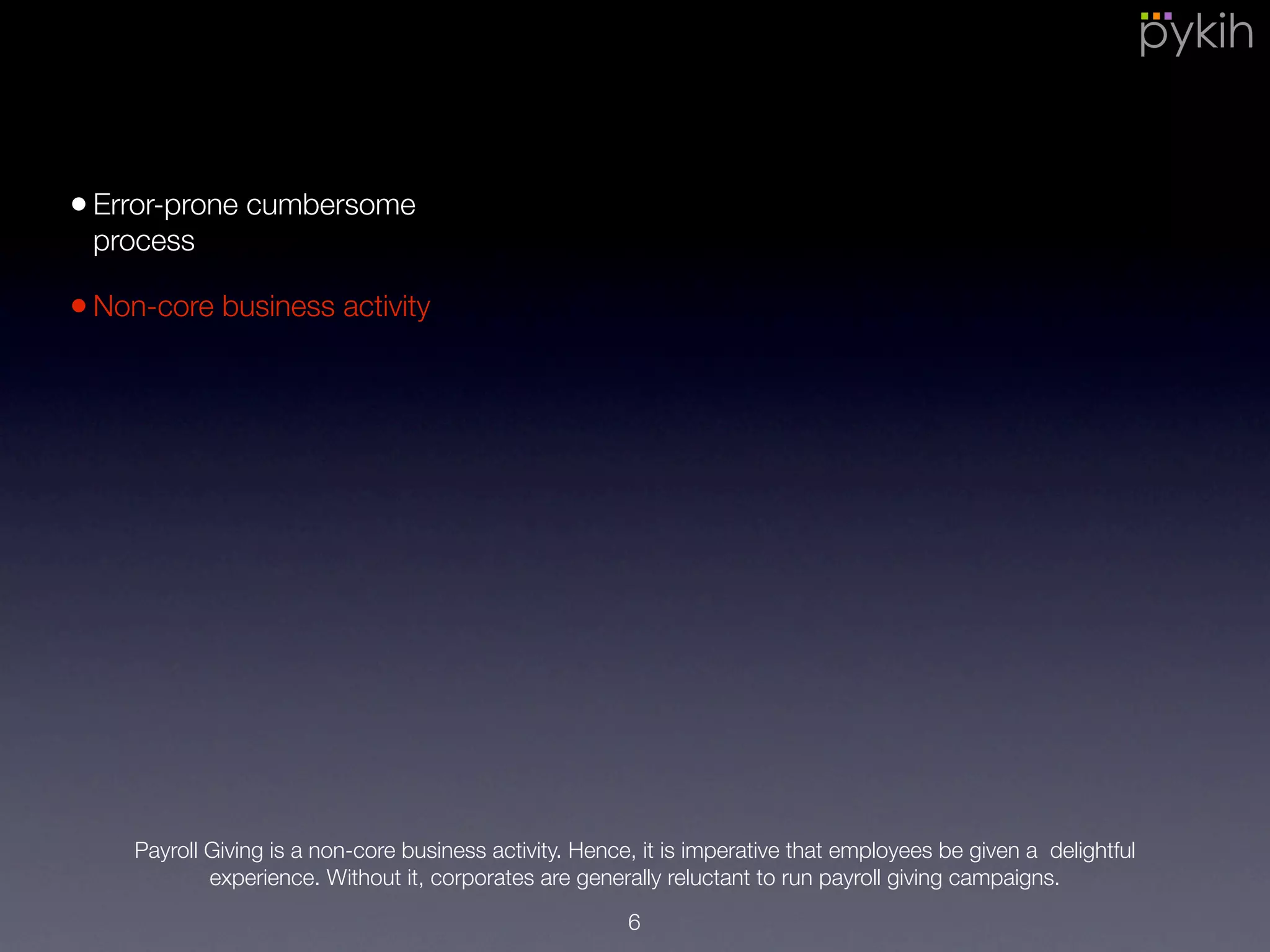 Payroll Giving is a non-core business activity. Hence, it is imperative that employees be given a delightful
experience. Without it, corporates are generally reluctant to run payroll giving campaigns.
•Error-prone cumbersome
process
•Non-core business activity
6
 