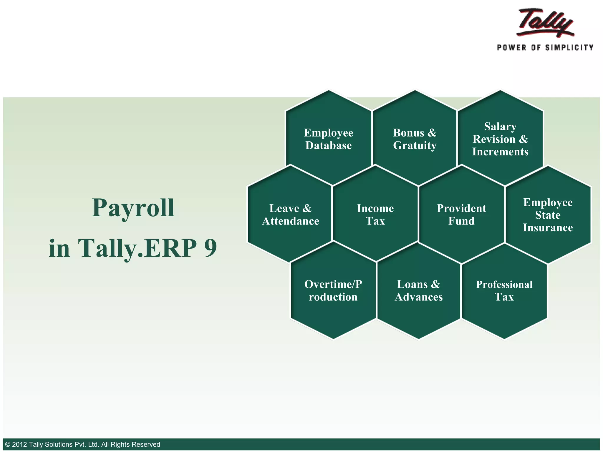 Employee
Database

Payroll
in Tally.ERP 9

Leave &
Attendance

Bonus &
Gratuity

Income
Tax

Overtime/
Production

© 2012 Tally Solutions Pvt. Ltd. All Rights Reserved

Salary
Revision &
Increments

Employee
State
Insurance

Provident
Fund

Loans &
Advances

Professional

Tax

 