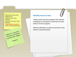 Payroll DeductionsGross pay: total earnings of employee for particular payroll periodTake-home pay (net pay): amount of money employee actually takes home Subtract deductions from gross payDeductions consist of various taxes employer is required to withhold from employee’s payCHEM 118B:Cycloaddition reaction: two independent pi-electron systems  bond to form new ring of atoms
