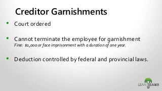 Creditor Garnishments
• Court ordered
• Cannot terminate the employee for garnishment
Fine: $1,000 or face imprisonment with a duration of one year.
• Deduction controlled by federal and provincial laws.
 